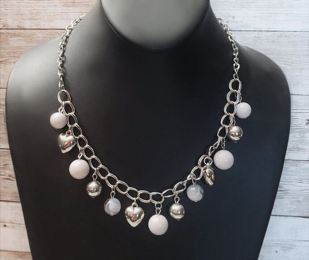 Silver Tone Hearts & Grey Balls Necklace - New